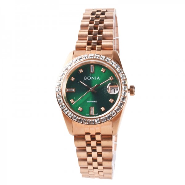 Bonia BNB10553-3597S Full Rosegold Green Dial Ring Diamond Lady